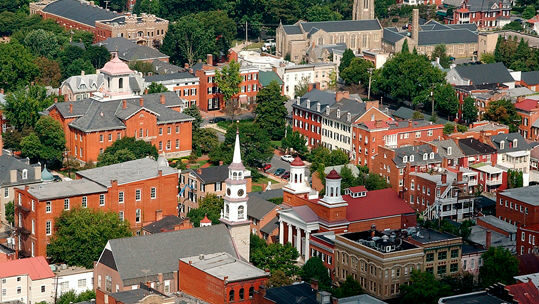 Aerial view of city of Frederick Maryland showing downtown streets