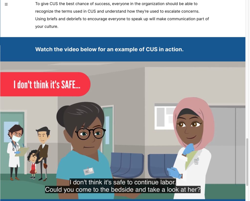 Interior page of CUS education. Animated video of two clinicians talking in a hospital hallway.