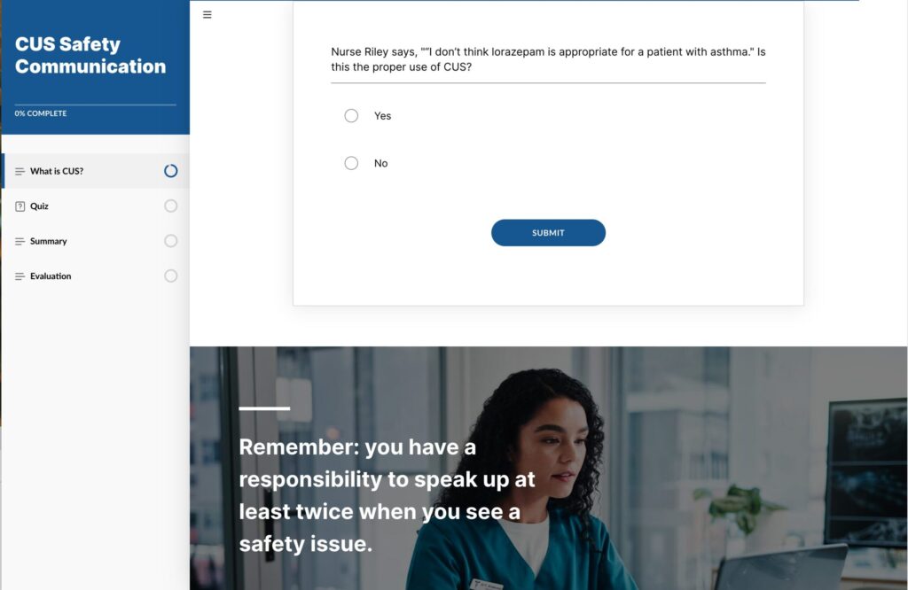Interior page of CUS education. Quiz question and woman working on a computer are shown