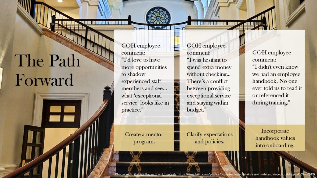 Powerpoint slide with image of staircase going up. Text reads: The Path Forward. Create a mentor program. Clarify expectations and policies. Incorporate handbook values into onboarding.