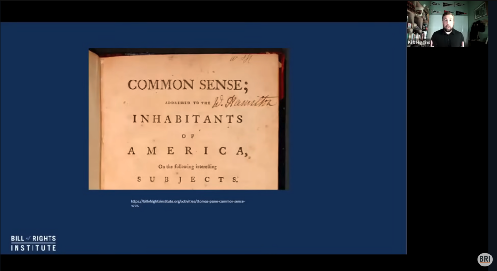 screenshot of presentation with speaker in upper right corner. The screen shows the title page of Common Sense by Thomas Paine