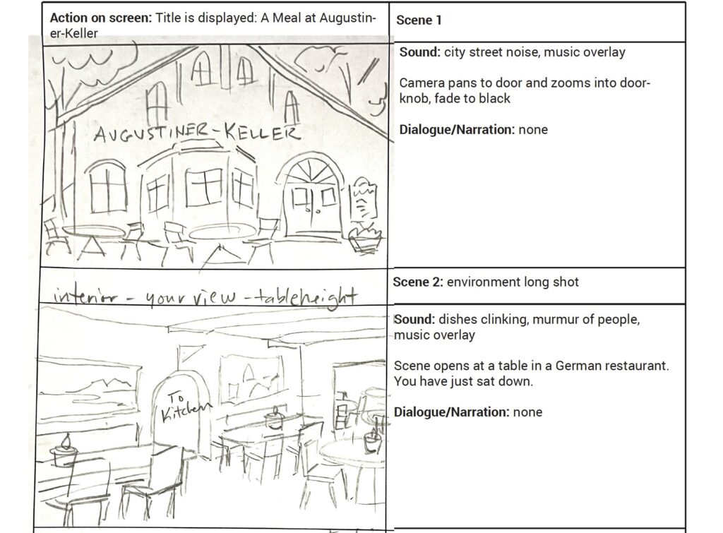 storyboard examples that show the exterior building and interior setting for the VR experience.